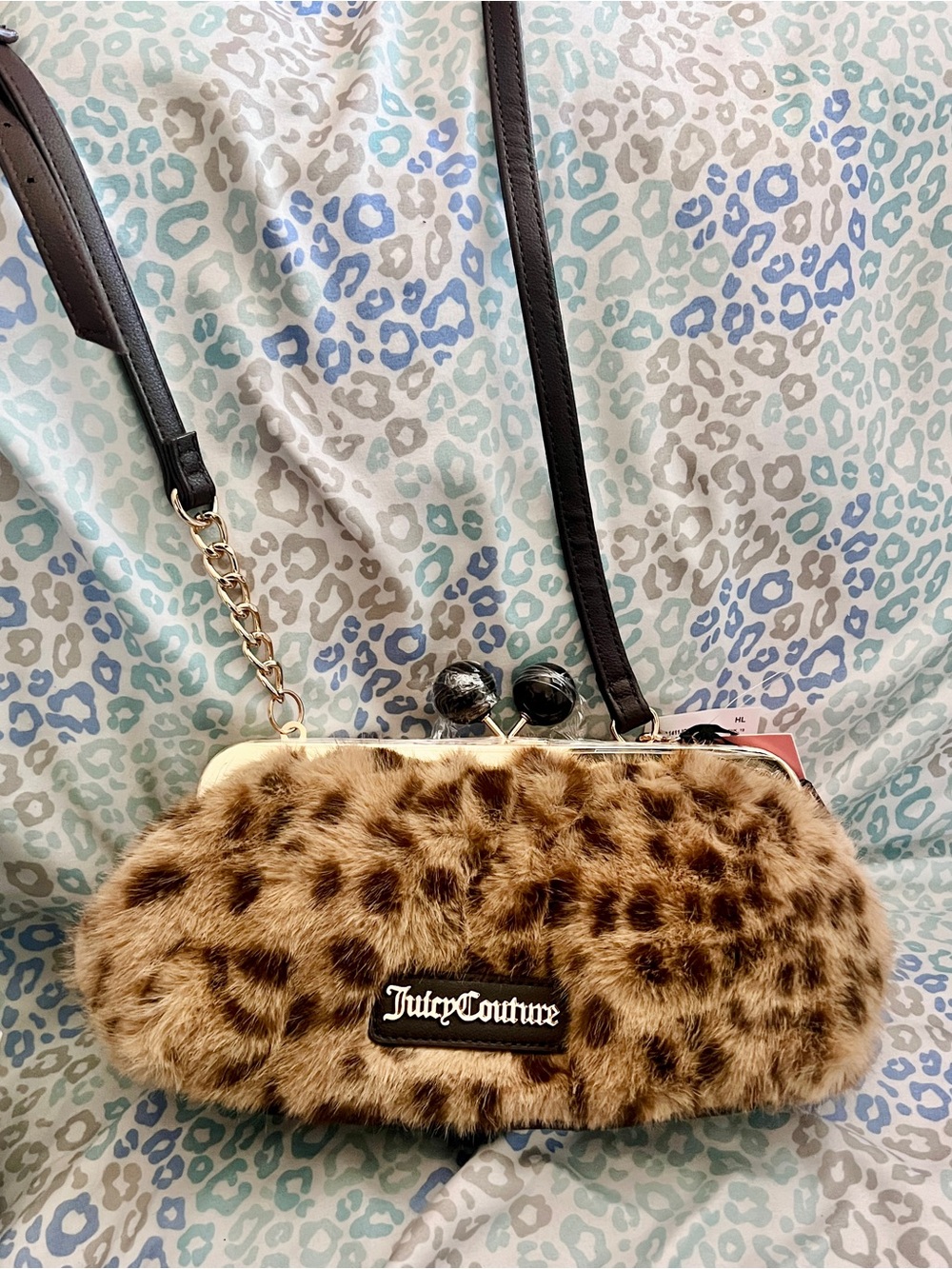 New Brown Juicy Couture Purse Leopard Cheetah Tote Bag Handbag Fur Coin Xbody